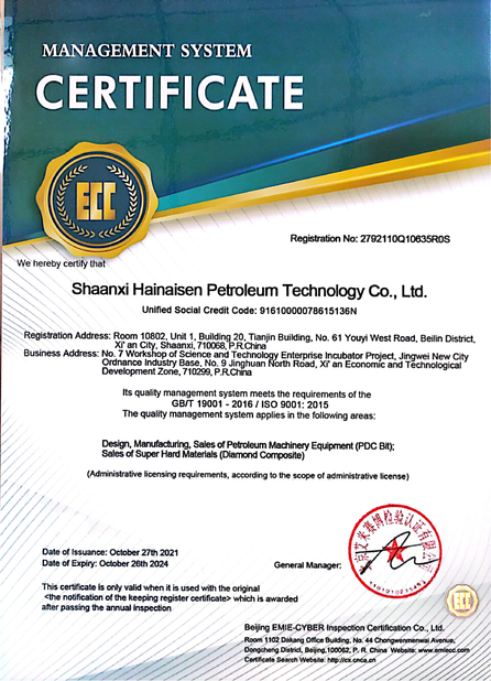 CINA Shaanxi Hainaisen Petroleum Technology Co.,Ltd Sertifikasi